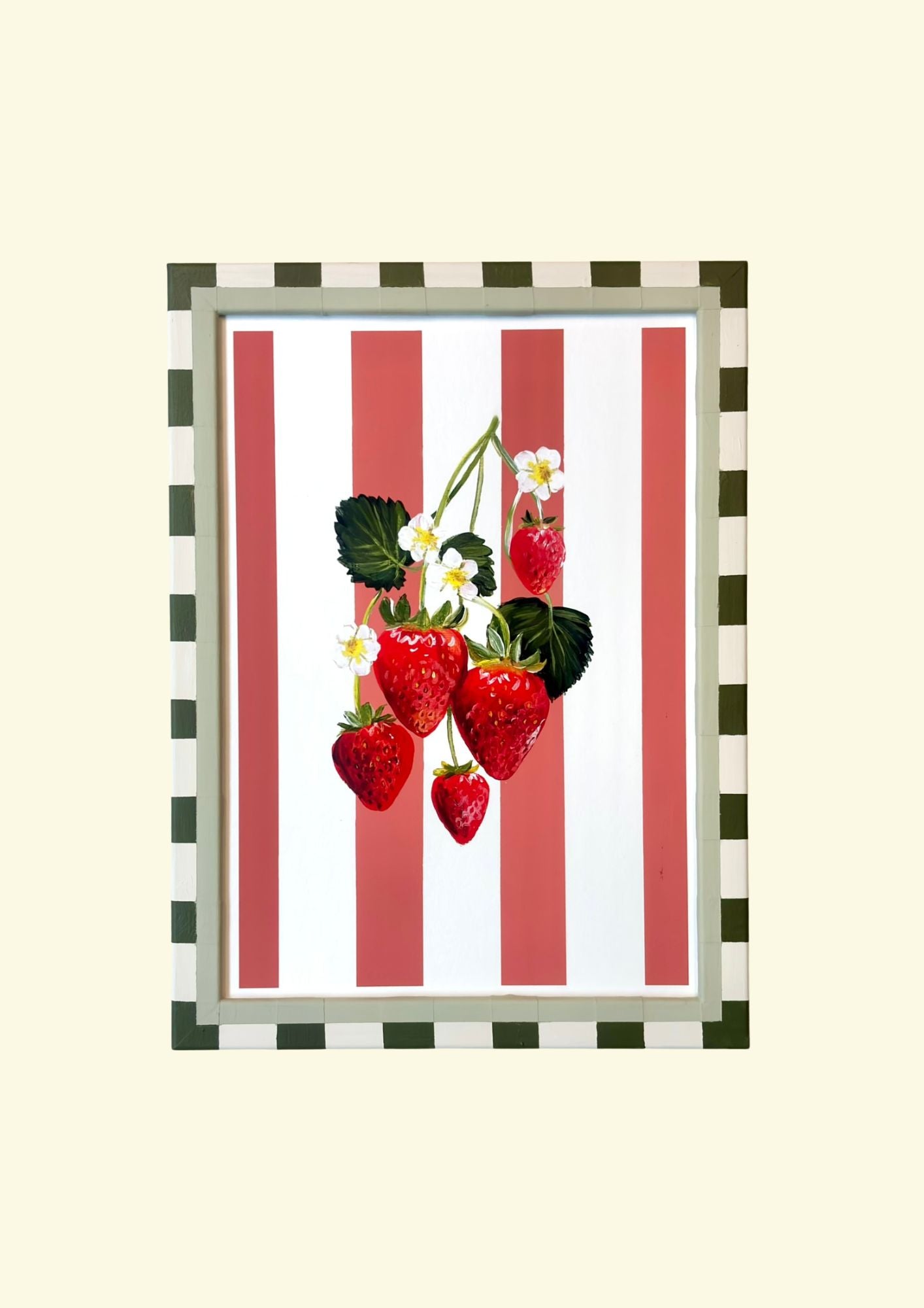 Strawberry Print in Green Check Frame