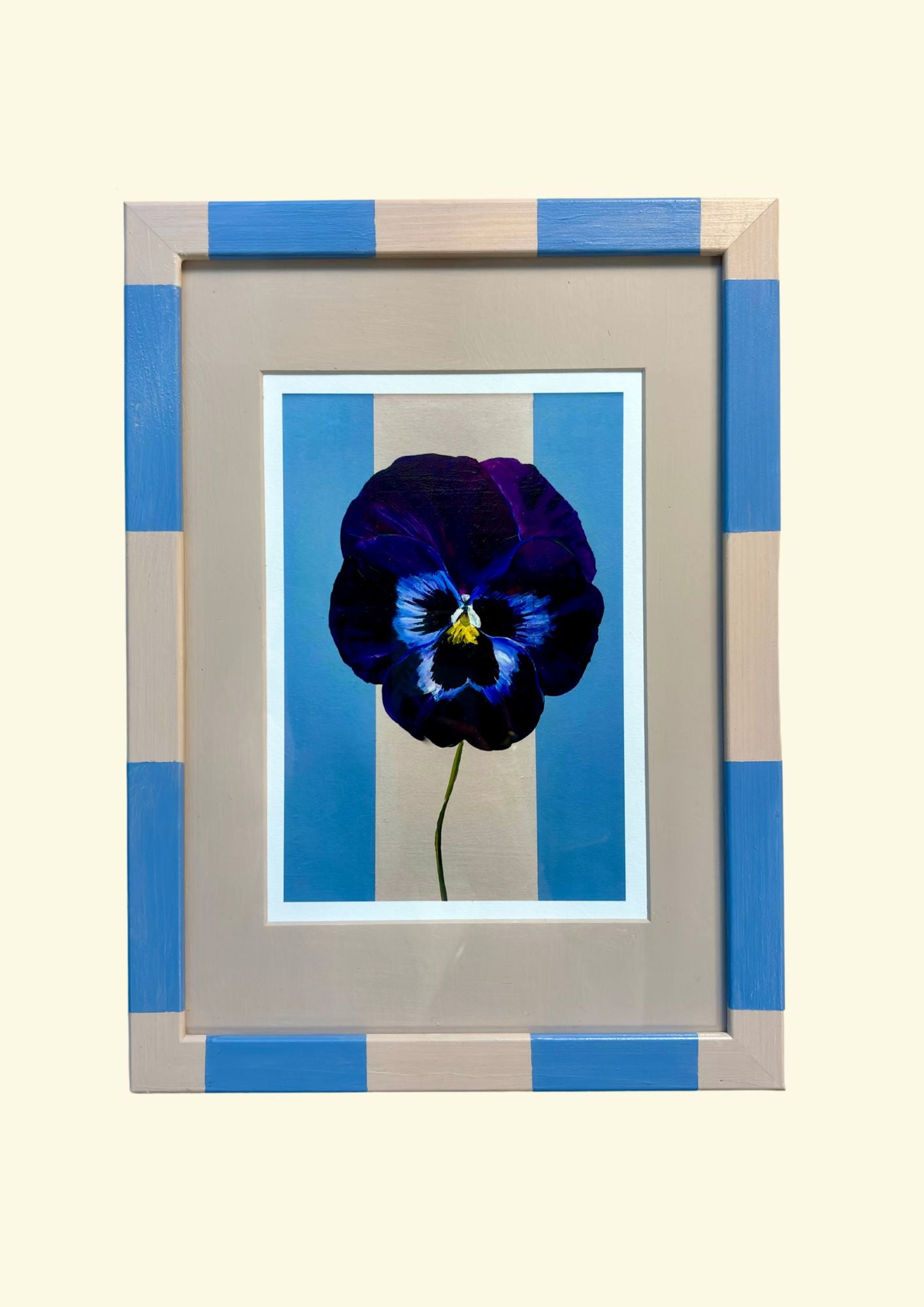 Blue Pansy in Sky Blue and Pink Striped Frame