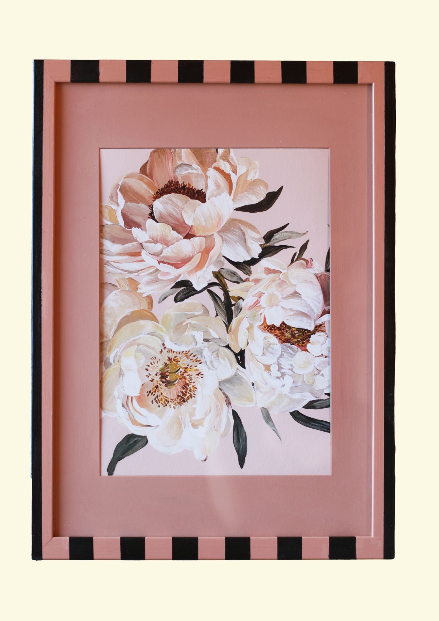 Blush Peonies Striped Framed Print