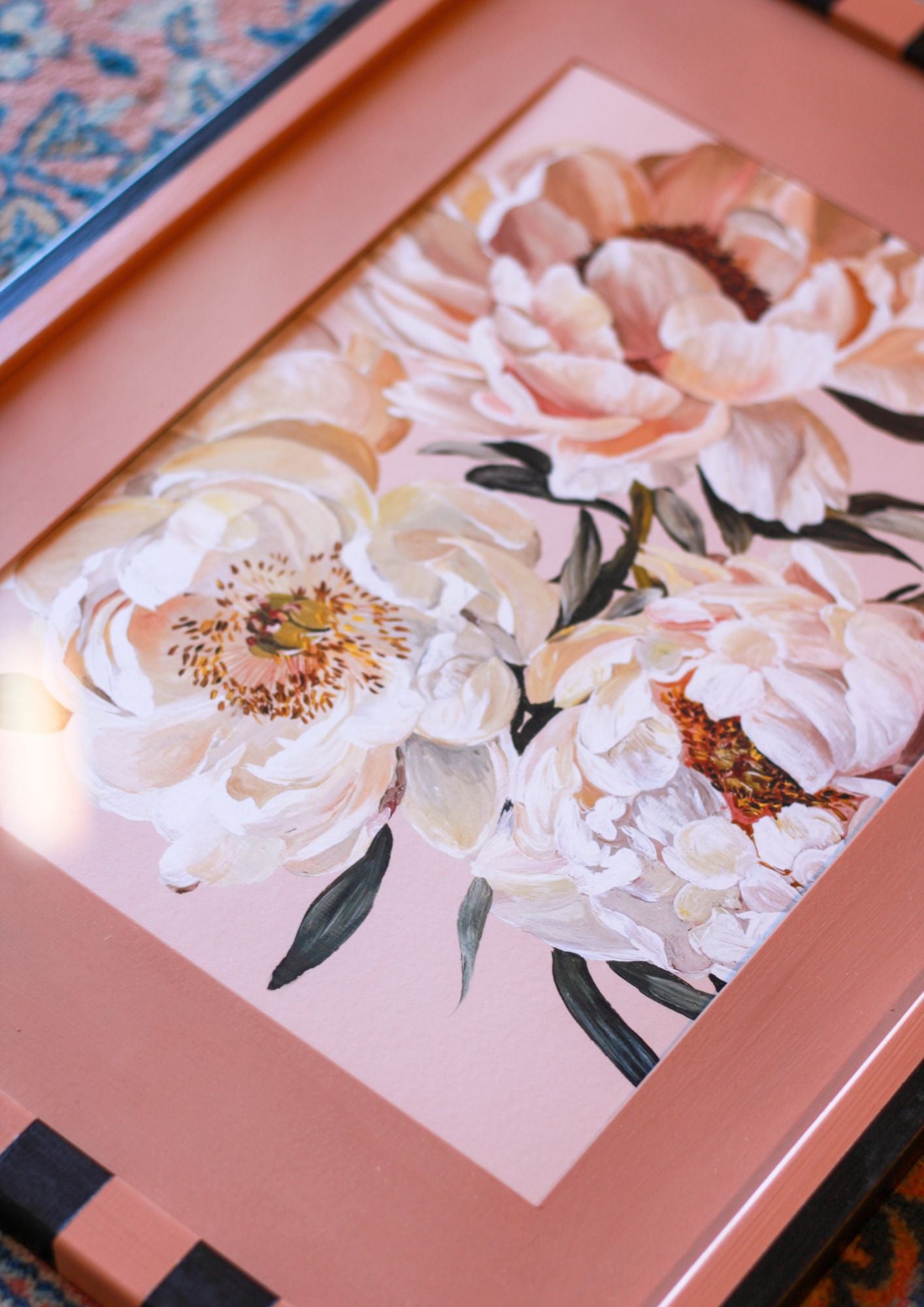 Blush Peonies Striped Framed Print