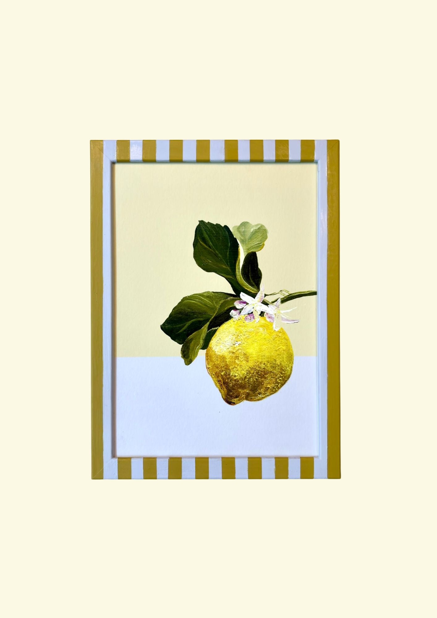 Lemon Print in Chartreuse and Sky Blue Stripe Frame